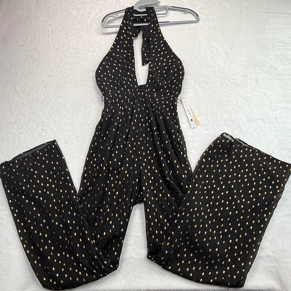 AQUA Halter Jumpsuit Black Gold Polka Dot Bloomingdales‎ Exclusive XS